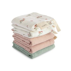 Mushie Muslin Cotton Washcloth 5-pack - Pink Flowers Combo